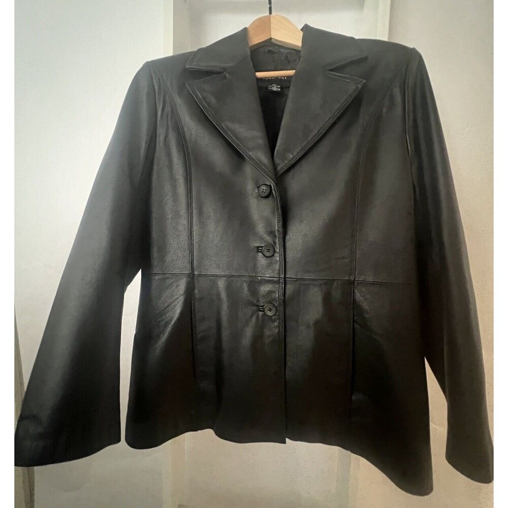 New York & Co GENUINE Leather Blazer Jacket Womens L Black Single Breasted Lined